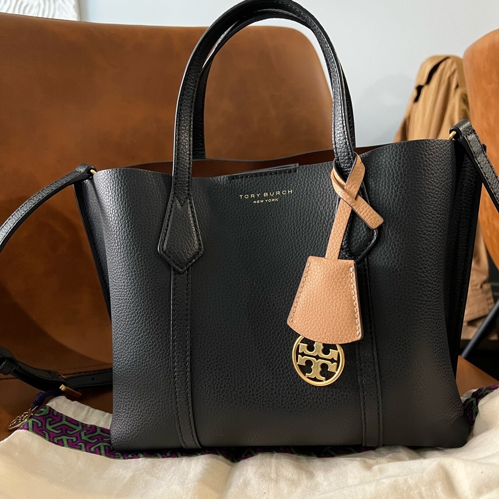 Tory Burch Black Leather Tote with Tan Charm and Gold Logo